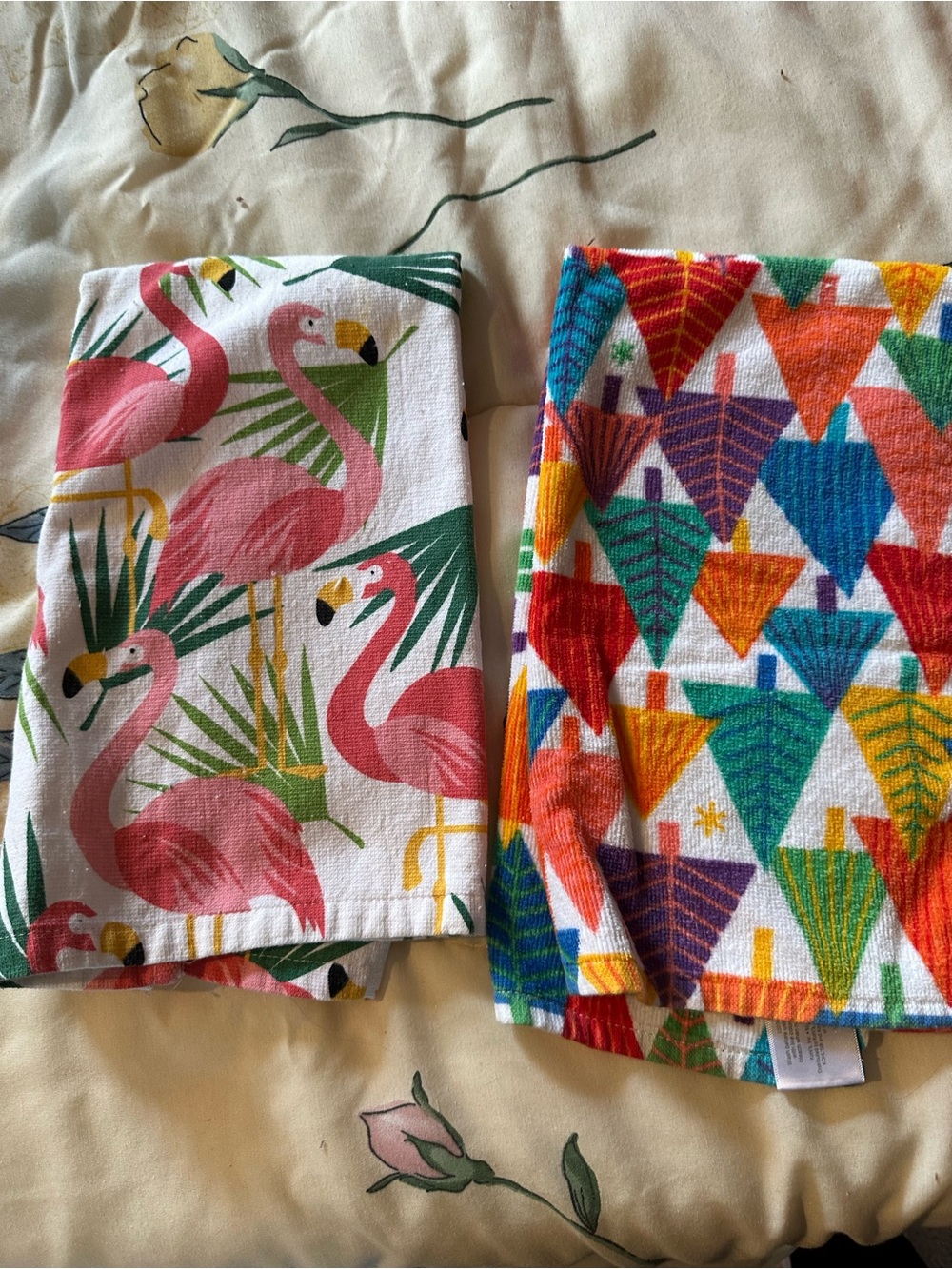 Colorful Flamingo & Geometric Print Cotton Towels - Bright Tropical Set